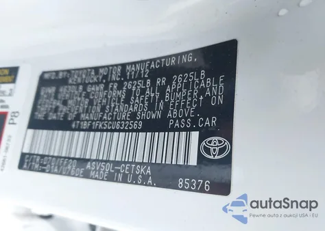 2012 Toyota Camry Se Limited Edition z USA, uszkodzony, nr VIN 4T1BF1FK5CU632569